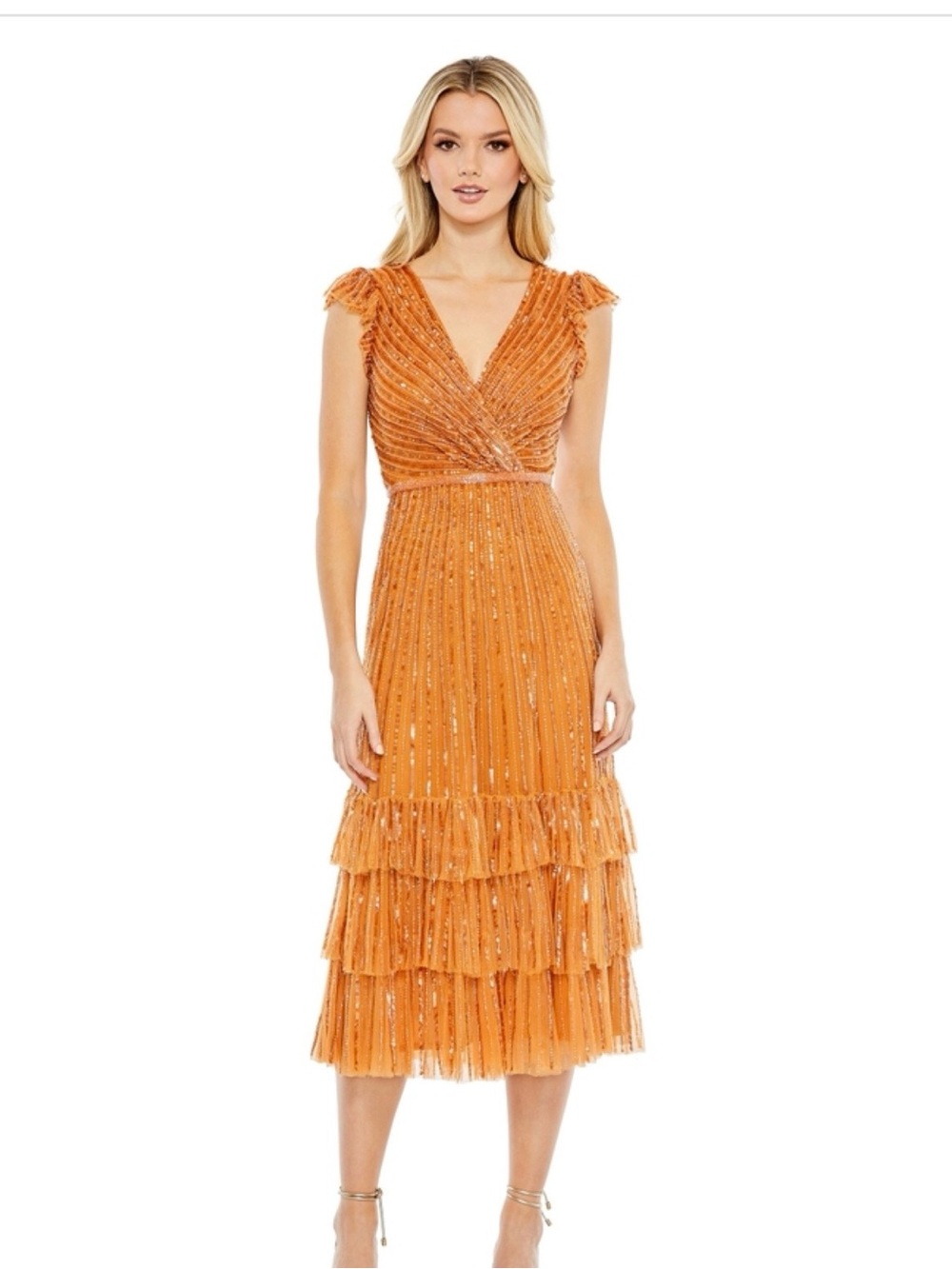 Mac Duggal Orange Sequin Tiered Midi Dress